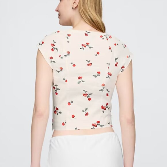 NWT Cherry Print Linen-Blend Cap-Sleeve Crop Top XL - Picture 4 of 5